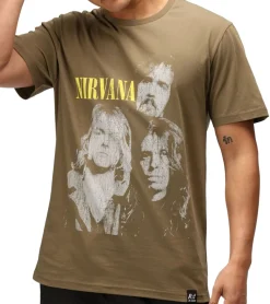 T-Shirts & Tank Tops*RE:COVERED X NIRVANA Herren T-Shirt Baumwoll-Shirt mit großem Band-Print Rundhals-Shirt RCMERCT168 Khaki