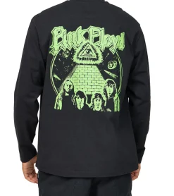 Pullover & Sweater*RE:COVERED X Pink Floyd Herren Langarm-Shirt mit Vibrant Green Logo-Print Baumwoll-Longsleeve Pullover MMPER774 Schwarz