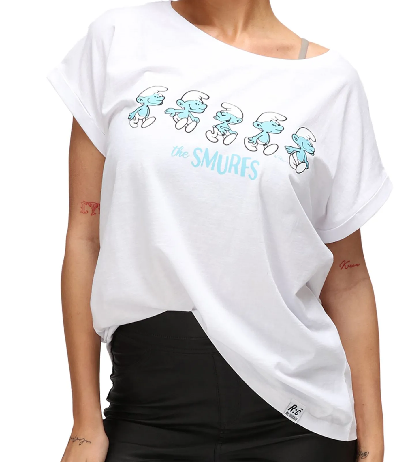 Tops & T-Shirts*RE:COVERED X Schlümpfe Damen T-Shirt mit Schlumpf Print Baumwoll-Shirt Boyfriend-Cut Rundhals-Shirt RCSMF116 Weiß