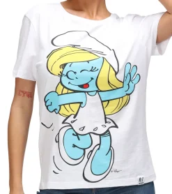 Tops & T-Shirts*RE:COVERED X Schlümpfe Damen T-Shirt mit Schlumpfine Print Baumwoll-Shirt Rundhals-Shirt RCSMF118 Weiß