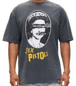 T-Shirts & Tank Tops*RE:COVERED X Sex Pistols Herren T-Shirt God Save the Queen Baumwoll-Shirt mit großem Print Rundhals-Shirt RCBVD3843 Grau
