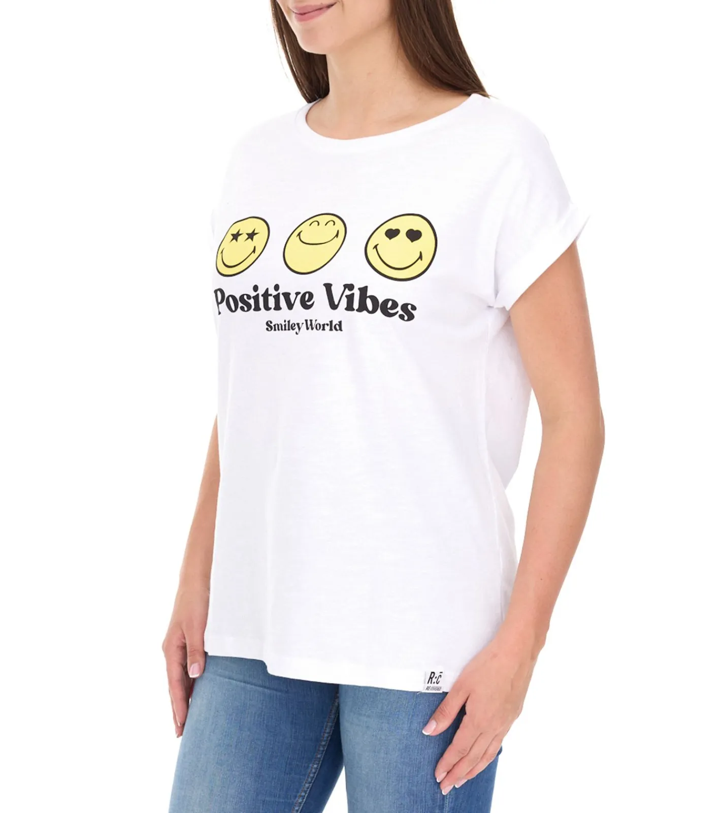 Tops & T-Shirts*RE:COVERED X Smileyworld Damen T-Shirt mit farbigen Smileys Baumwoll-Shirt Rundhals-Shirt RCSMLYWD460 Weiß