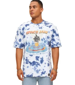 T-Shirts & Tank Tops*RE:COVERED X Space Jam Herren T-Shirt mit Front-Print im Batik Look Baumwoll-Shirt Rundhals-Shirt RCWARN751 Blau