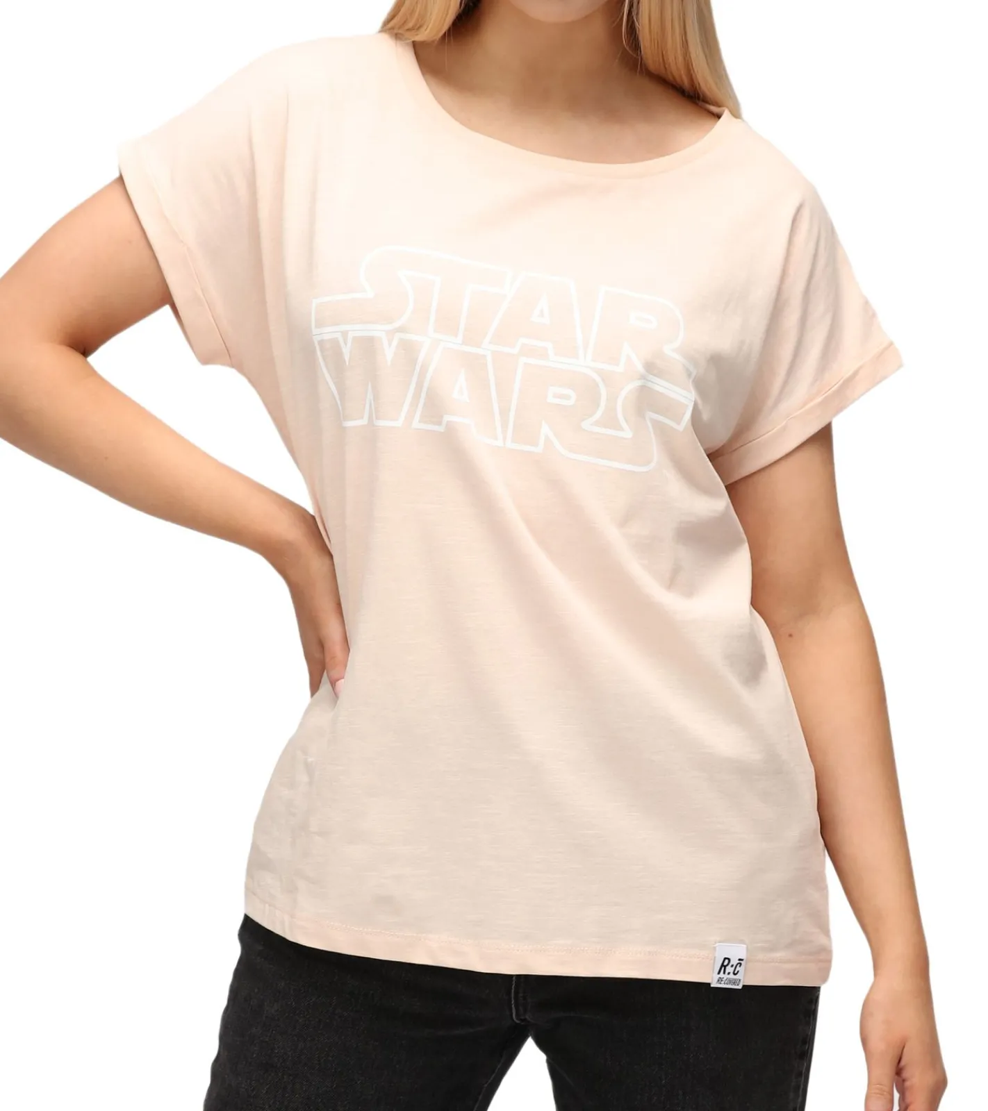 Tops & T-Shirts*RE:COVERED X STAR WARS Damen T-Shirt mit Schriftzug Baumwoll-Shirt Rundhals-Shirt Boyfriend-Cut RCDIF2060 Rosa