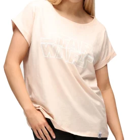 Tops & T-Shirts*RE:COVERED X STAR WARS Damen T-Shirt mit Schriftzug Baumwoll-Shirt Rundhals-Shirt Boyfriend-Cut RCDIF2060 Rosa