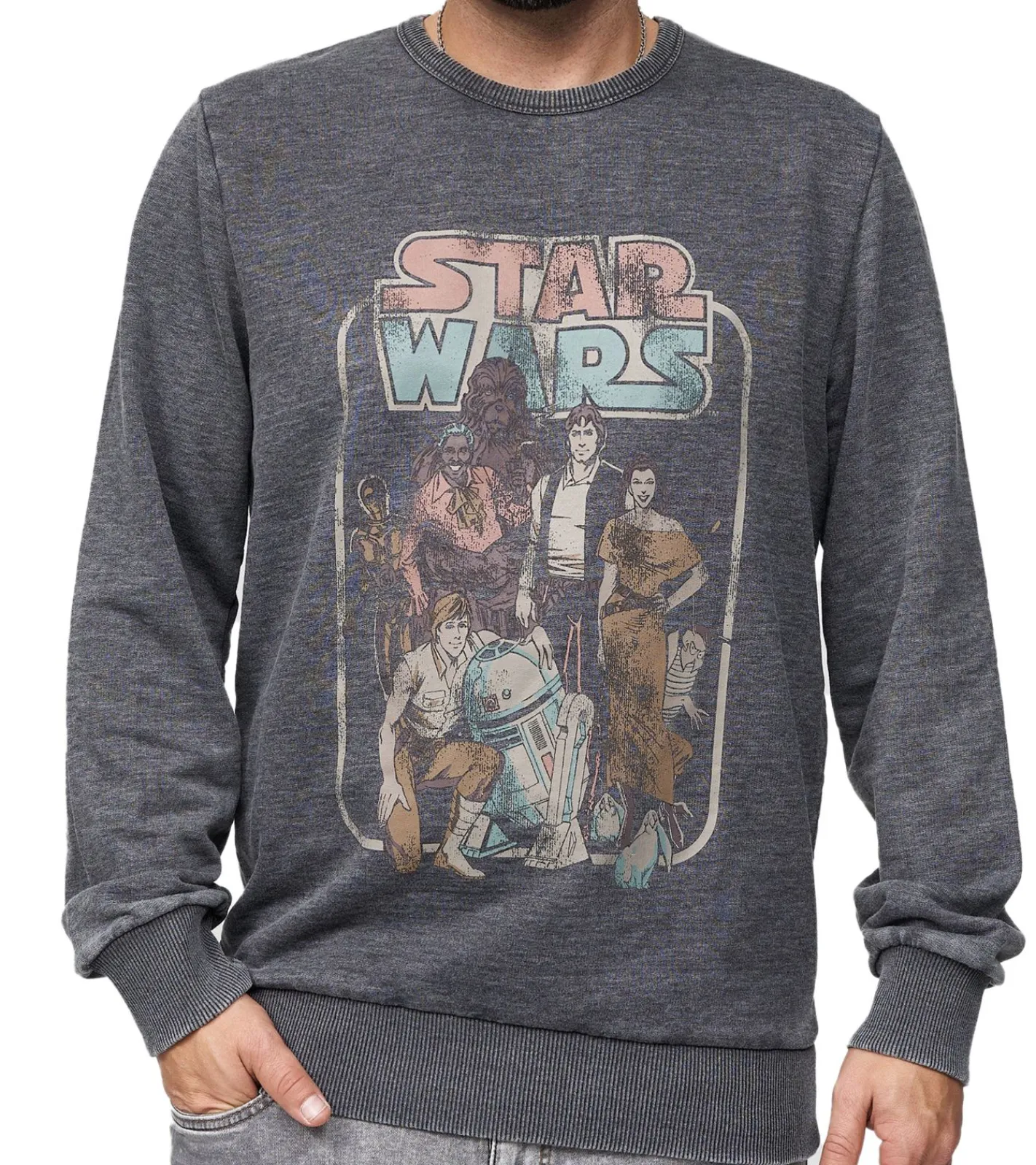 Pullover & Sweater*RE:COVERED X STAR WARS Herren Rundhals-Pullover Rückkehr der Jedi Ritter Print Alltags-Sweater mit Baumwollanteil MMSTW2330 Grau