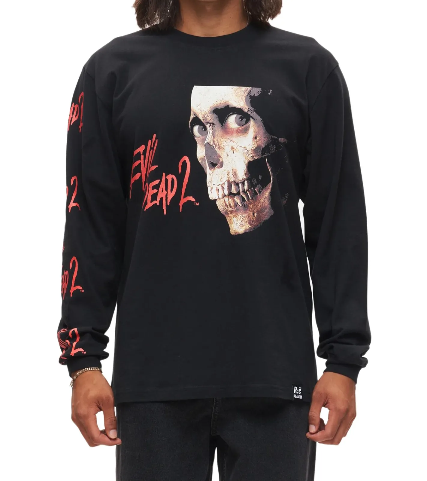 Pullover & Sweater*RE:COVERED X Studio Canal Evil Dead 2 Herren Langarm-Shirt mit Horror-Gesichtsprint Baumwoll-Longsleeve Pullover RCSTC115 Schwarz