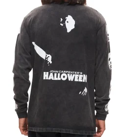 Pullover & Sweater*RE:COVERED X Studio Canal Halloween Herren Langarm-Shirt mit Vintage-Print Baumwoll-Longsleeve Pullover RCSTC116 verwaschenes Schwarz