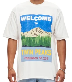 T-Shirts & Tank Tops*RE:COVERED X Twin Peaks Herren T-Shirt Welcome to Twin Peaks Print Baumwoll-Shirt Kurzarm-Shirt RCVCM690 Ecru-Weiß