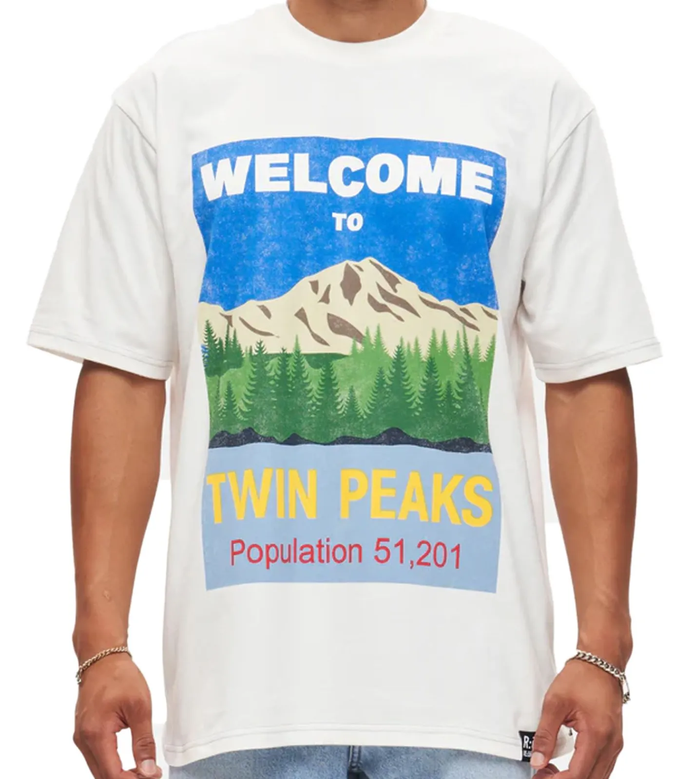 T-Shirts & Tank Tops*RE:COVERED X Twin Peaks Herren T-Shirt Welcome to Twin Peaks Print Baumwoll-Shirt Kurzarm-Shirt RCVCM690 Ecru-Weiß