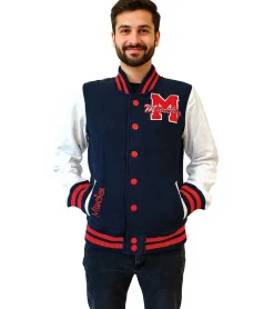 Große Größen|Pullover & Sweater*ROBIN RUTH München Herren College-Jacke mit Schriftzug Frühlings-Jacke mit Stickerei Übergangs-Jacke Sweat-Jacke FMCN-H Navy/Rot