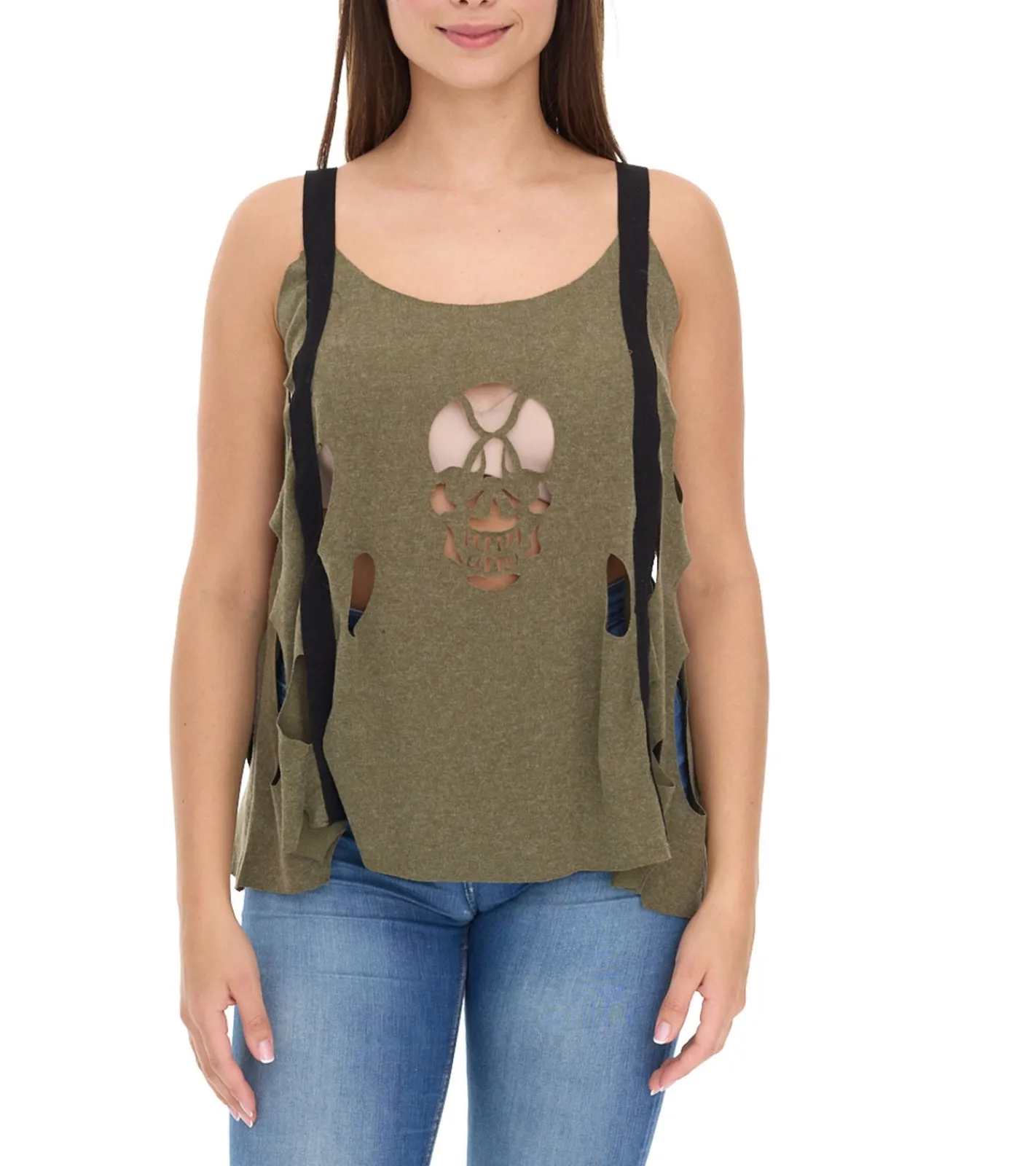 Tops & T-Shirts*ROCKUPY Ariana Damen Tank-Top mit Totenkopf-Ausschnitt Baumwoll-Shirt Sommer-Top mit Cut-Outs 366326 Khaki