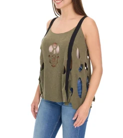 Tops & T-Shirts*ROCKUPY Ariana Damen Tank-Top mit Totenkopf-Ausschnitt Baumwoll-Shirt Sommer-Top mit Cut-Outs 366326 Khaki