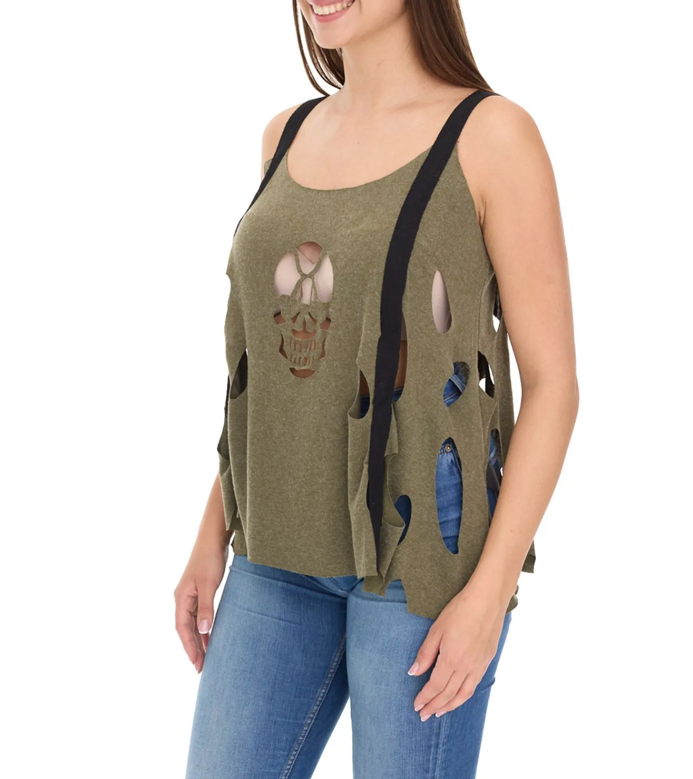 Tops & T-Shirts*ROCKUPY Ariana Damen Tank-Top mit Totenkopf-Ausschnitt Baumwoll-Shirt Sommer-Top mit Cut-Outs 366326 Khaki