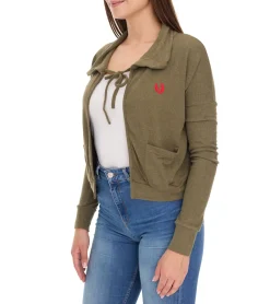 Mäntel & Jacken|Sweater & Pullover*ROCKUPY Damen Baumwoll-Cardigan Bolero-Jacke Langarm-Strickjacke mit Taschen 330643 Khaki