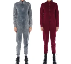 Jumpsuits*ROCKUPY Damen Jumpsuit einfarbiger oder gebatikter Overall mit Rücken-Print cooler Einteiler Onesie Grau oder Weinrot