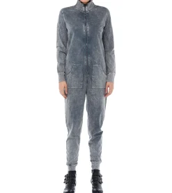 Jumpsuits*ROCKUPY Damen Jumpsuit einfarbiger oder gebatikter Overall mit Rücken-Print cooler Einteiler Onesie Grau oder Weinrot