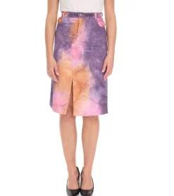 Röcke*ROCKUPY Damen Rock mit Batik-Muster farbenfroher Jeans-Rock gerader Sommer-Rock Midi-Rock mit Schlitz RPW20_040901 917 Violett/Orange/Pink