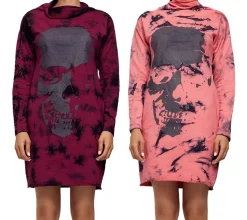 Kleider|Sweater & Pullover*ROCKUPY Damen Sweat-Kleid mit Totenkopf-Print Pullover-Kleid Langarm-Kleid 393822 Bordeaux-Rot oder Rosa