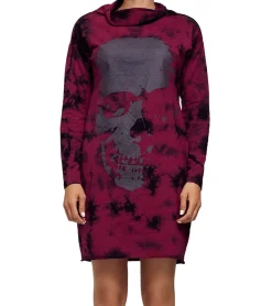Kleider|Sweater & Pullover*ROCKUPY Damen Sweat-Kleid mit Totenkopf-Print Pullover-Kleid Langarm-Kleid 393822 Bordeaux-Rot oder Rosa