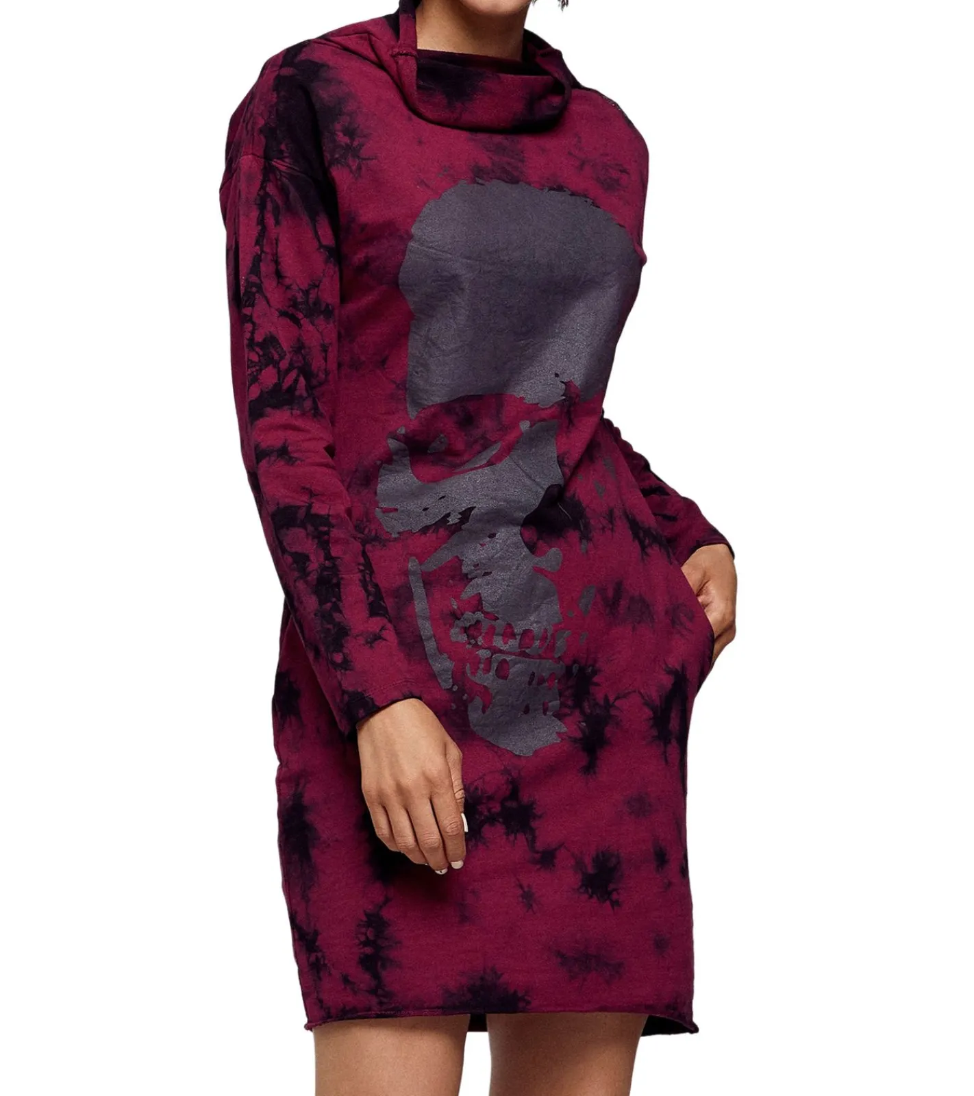 Kleider|Sweater & Pullover*ROCKUPY Damen Sweat-Kleid mit Totenkopf-Print Pullover-Kleid Langarm-Kleid W-393822 Bordeaux/Schwarz