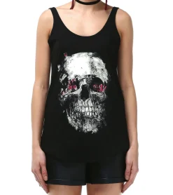 Tops & T-Shirts*ROCKUPY Damen Tank-Top mit Totenkopf-Print Baumwoll-Shirt Sommer-Shirt 317070 Schwarz/Weiß