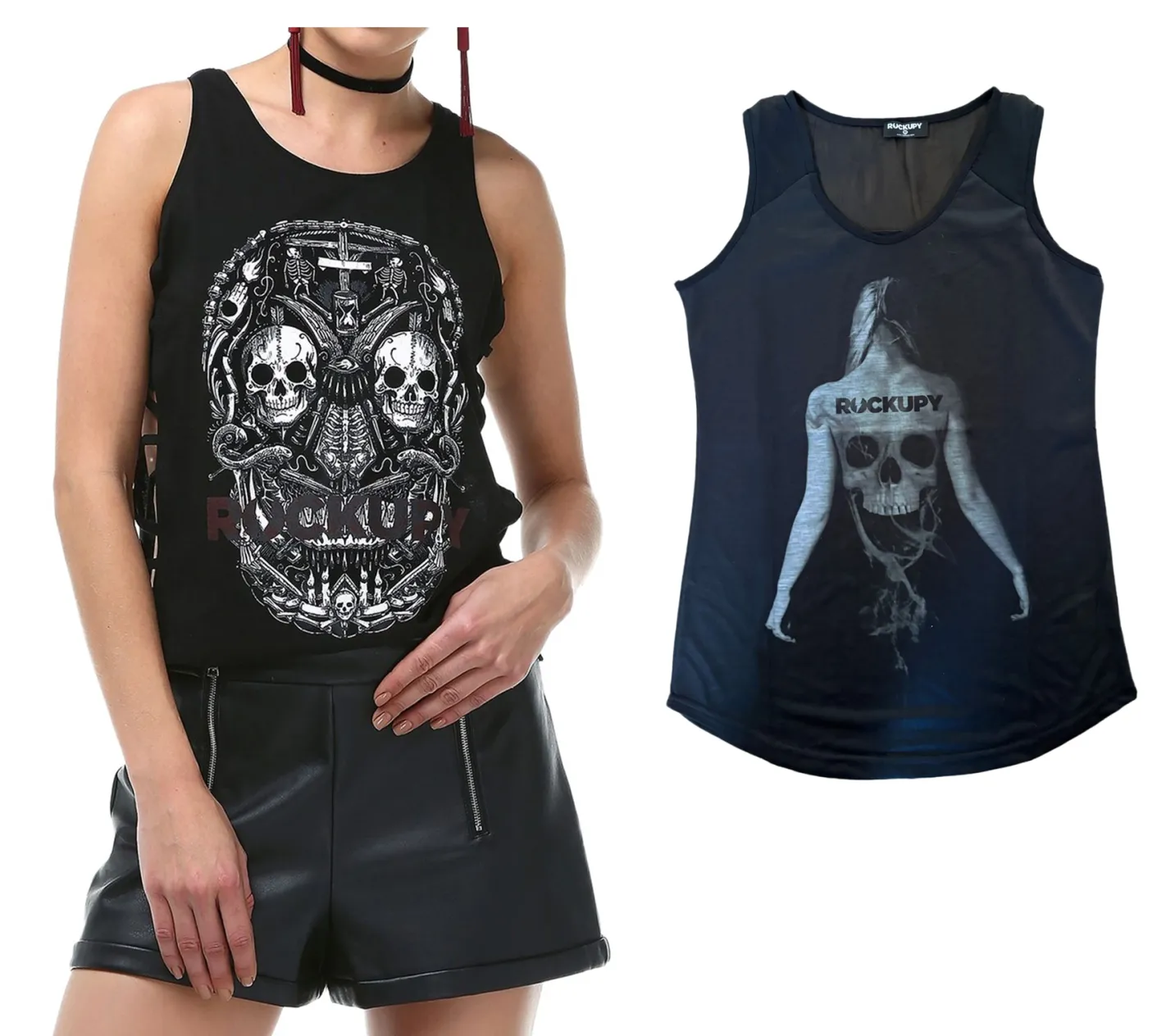 Tops & T-Shirts*ROCKUPY Damen Tank-Top mit oder mit Frauen Baumwoll-Shirt Sommer-Shirt Schwarz/Weiß Totenkopf-Print