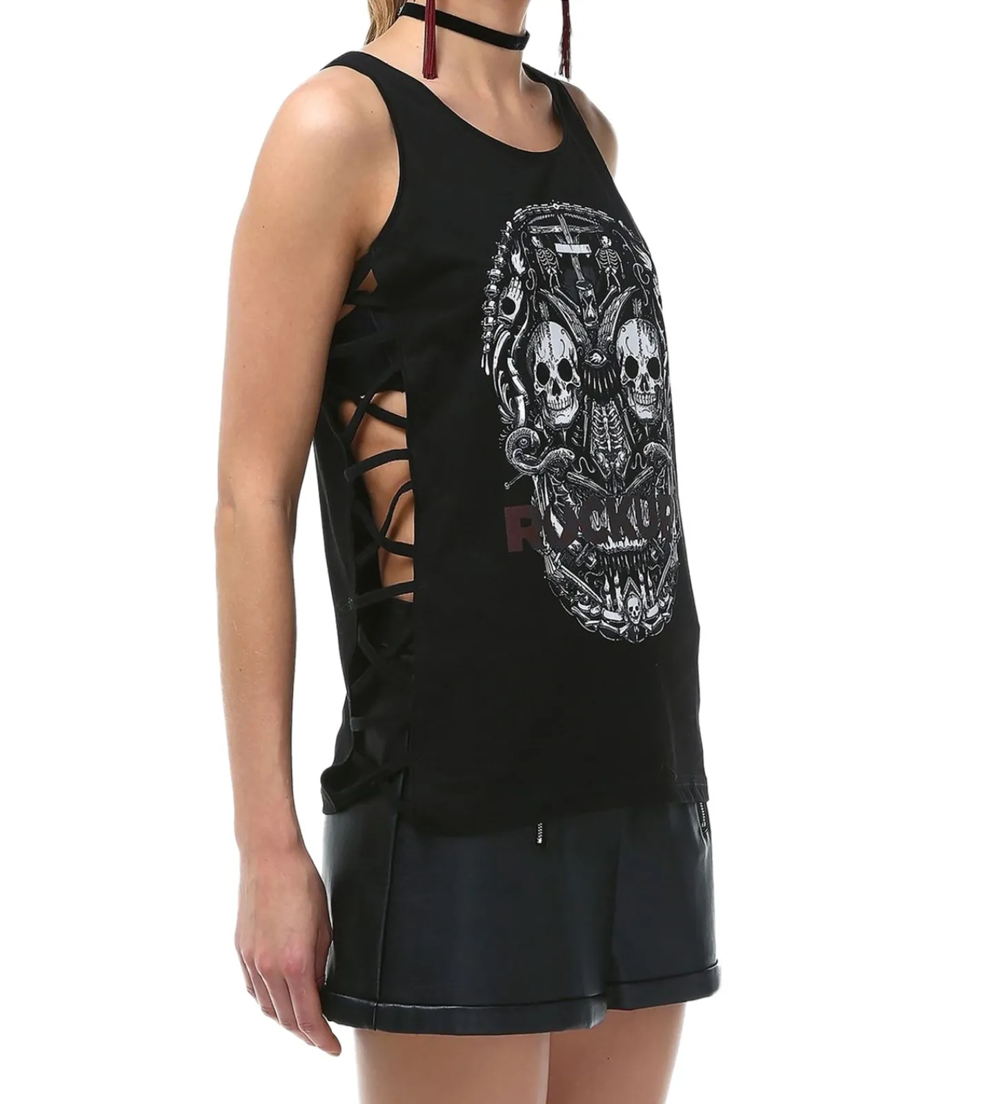 Tops & T-Shirts*ROCKUPY Damen Tank-Top mit oder mit Frauen Baumwoll-Shirt Sommer-Shirt Schwarz/Weiß Totenkopf-Print