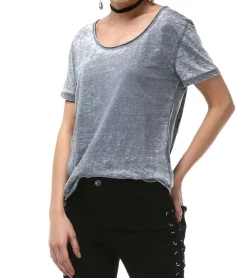 Tops & T-Shirts*ROCKUPY Damen T-Shirt mit Totenkopf-Aufdruck Kurzarm-Shirt Baumwoll-Shirt 317053 Grau