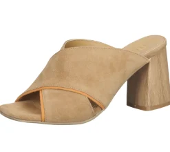 Zehentrenner & Sandalen*Sansibar Damen Echtleder-Schuhe moderne Sommer-Sandale mit Blockabsatz offener Slipper 1076140 Hellbraun