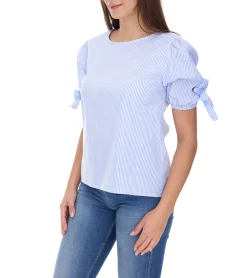 Poloshirts & Blusen|Tops & T-Shirts*sequano Damen Blusen-Shirt T-Shirt Kurzarm-Bluse stylisches Sommer-Shirt 901509 Weiß/Blau