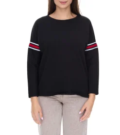 Sweater & Pullover*sequano Damen Sweatshirt Baumwoll-Shirt mit Streifen Pullover 900338 Schwarz