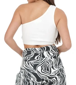 Tops & T-Shirts*Sixth June Asymetric Damen Baumwoll-Shirt Sommer-Shirt mit einem Träger Crop-Shirt W33898KTO Weiß