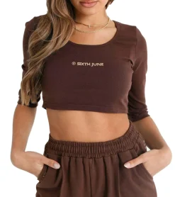 Sweater & Pullover*Sixth June Damen Cropped-Pullover mit kleiner Signatur Rundhals-Sweater W33718VTO Braun