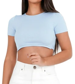 Tops & T-Shirts*Sixth June Damen Crop-Top geripptes Sommer-Shirt mit Rückenausschnitt Kurzarm-Shirt W33854KTO-L Hellblau