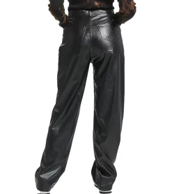 Hosen & Jeans*Sixth June Damen Kunstleder-Hose Schlag-Hose mit Marken Stickerei Alltags-Hose 33612CPA Schwarz