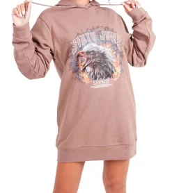Kleider|Sweater & Pullover*Sixth June Eagle Savage Damen Sweat-Kleid mit großem Adler-Print Pullover-Kleid mit Kapuze Langarm-Kleid 32648 Braun