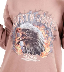 Kleider|Sweater & Pullover*Sixth June Eagle Savage Damen Sweat-Kleid mit großem Adler-Print Pullover-Kleid mit Kapuze Langarm-Kleid 32648 Braun