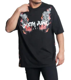 T-Shirts & Tank Tops*Sixth June Herren Baumwoll-Shirt Rundhals-Shirt mit Feuer und Rosen-Print T-Shirt M2530VTS Schwarz