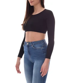 Tops & T-Shirts*Sixth June Open Back Ribbed Damen Crop-Top mit offenem Rücken Langarm-Top geripptes Sommer-Shirt W33668KTO Schwarz
