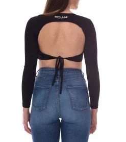 Tops & T-Shirts*Sixth June Open Back Ribbed Damen Crop-Top mit offenem Rücken Langarm-Top geripptes Sommer-Shirt W33668KTO Schwarz