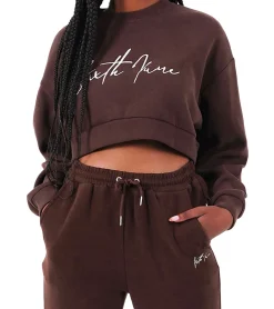 Sweater & Pullover*Sixth June Signature Damen Cropped-Pullover mit großer Signatur-Stickerei Rundhals-Sweater 32557 Braun