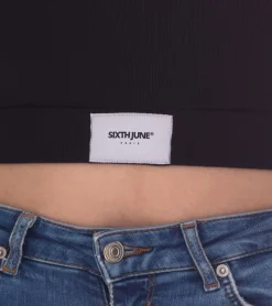 Tops & T-Shirts*Sixth June V-Neck Damen Crop-Top mit elastischem Band und Label-Patch Langarm-Top geripptes Sommer-Shirt W34113KTO Schwarz