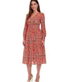 Kleider*O46bpx sommerliches Damen Midi-Kleid mit V-Ausschnitt Urlaubs-Kleid mit Allover-Print Sommer-Kleid Frühlings-Kleid 904366 Rosa/Rot/Grün