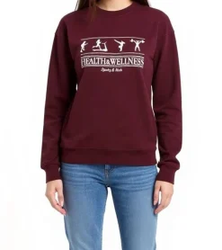 Sweater & Pullover*Sporty & Rich Damen Rundhals-Sweatshirt mit Health Wellness-Print Baumwoll-Pullover Merlot/Weiß