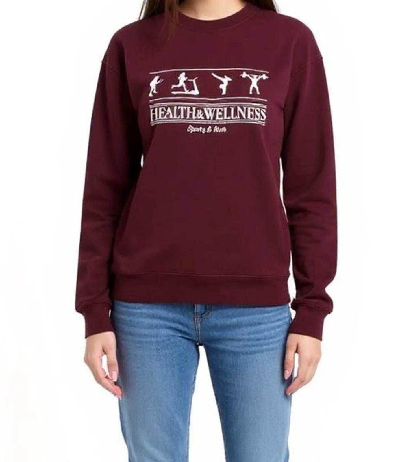 Sweater & Pullover*Sporty & Rich Damen Rundhals-Sweatshirt mit Health Wellness-Print Baumwoll-Pullover Merlot/Weiß