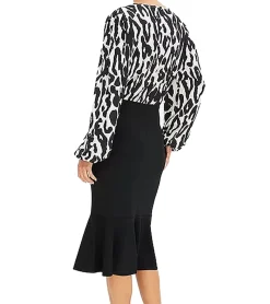 Kleider*O46bpx stilsicheres Damen Midi-Kleid Sommer-Kleid mit Blusenoberteil und Bleistift-Rock Business-Kleid 912462 Schwarz/Weiß