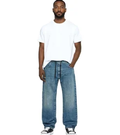 Jeans & Hosen*O46 stylische Herren Jeans im Jogger-Stil Denim-Hose Baggy Leg mit Bindeband BR-12000-201 Dunkel-Blau