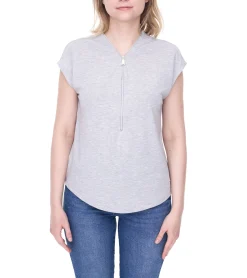 Tops & T-Shirts*Tamaris Damen Half-Zip Shirt kurzärmliges T-Shirt mit V-Ausschnitt 63630739 Grau