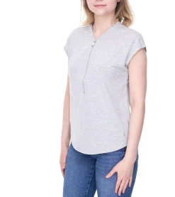 Tops & T-Shirts*Tamaris Damen Half-Zip Shirt kurzärmliges T-Shirt mit V-Ausschnitt 63630739 Grau